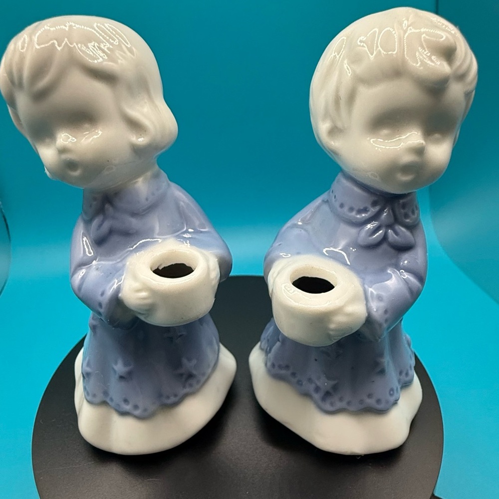 Vintage Porcelain Boy and Girl Candle Holders - Blue and White